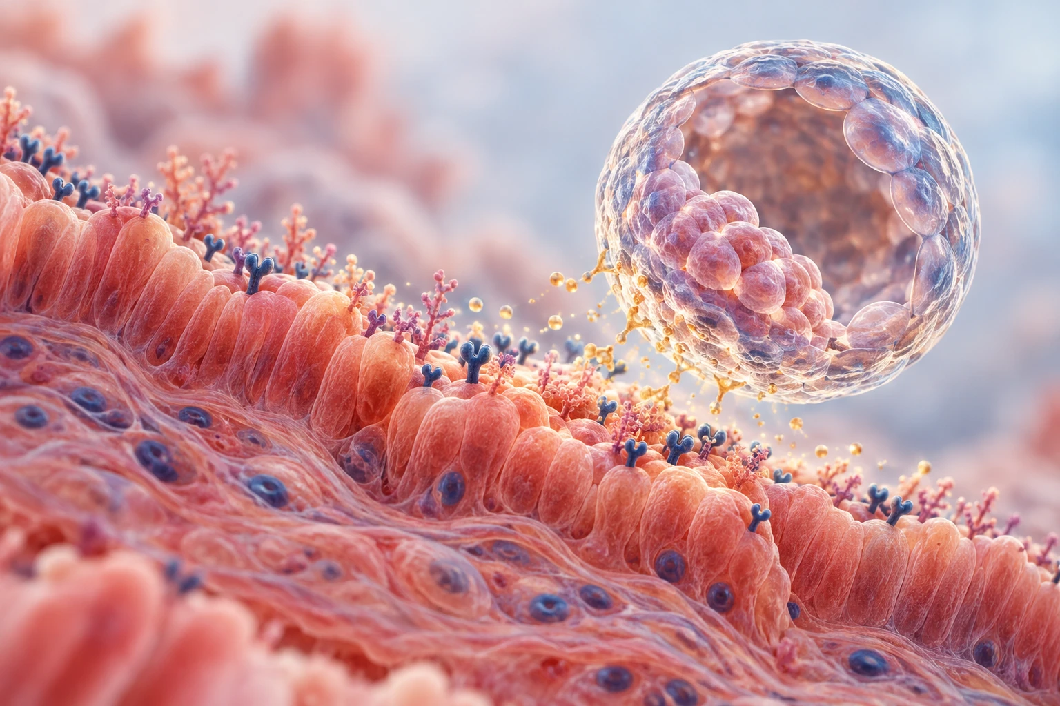 The embryo and endometrium interface: a hollow, ball-shaped early embryo resting against the folded lining of the uterus, whose tall columnar cells carry small receptor-like projections, with golden signalling particles passing between them.