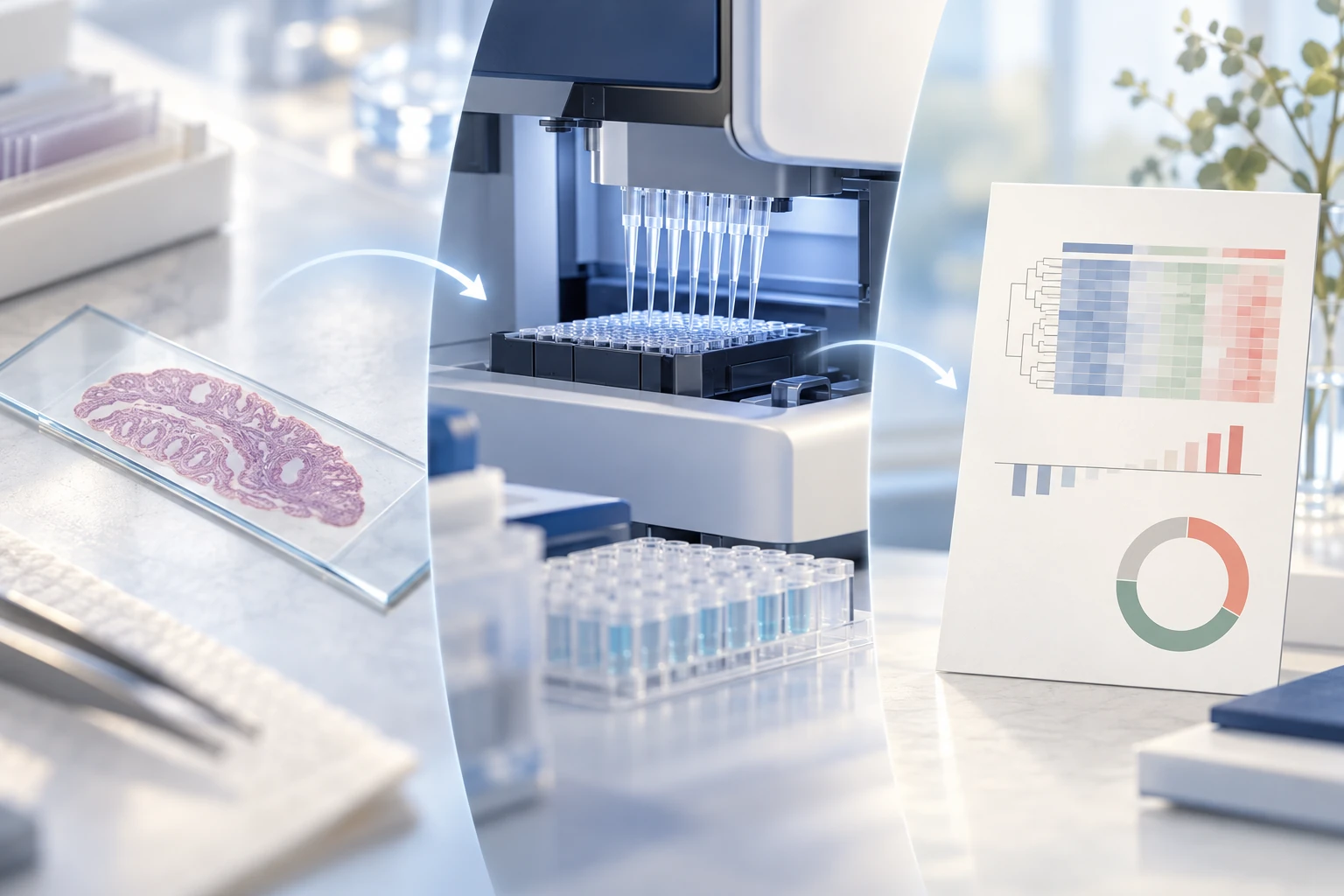 From sample to result in three steps joined by arrows: a stained endometrial tissue section on a glass slide, an automated pipetting instrument loading a multi-well plate, and a printed report showing a heatmap, a bar chart and a ring chart.